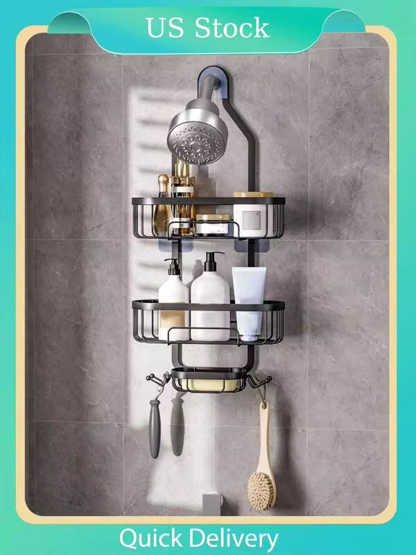1pc Bathroom Hanging Shower Organizer, Over Head Shower Caddy Shower Storage Rack Basket With Hooks For Razor And Sponge Rustproof